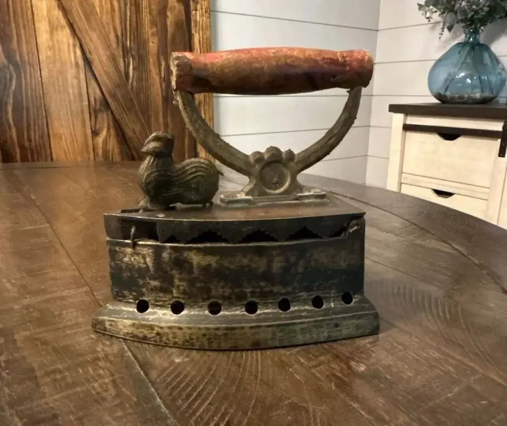 Antique Cast Iron Charcoal Iron with Rooster Latch and Wood Handle